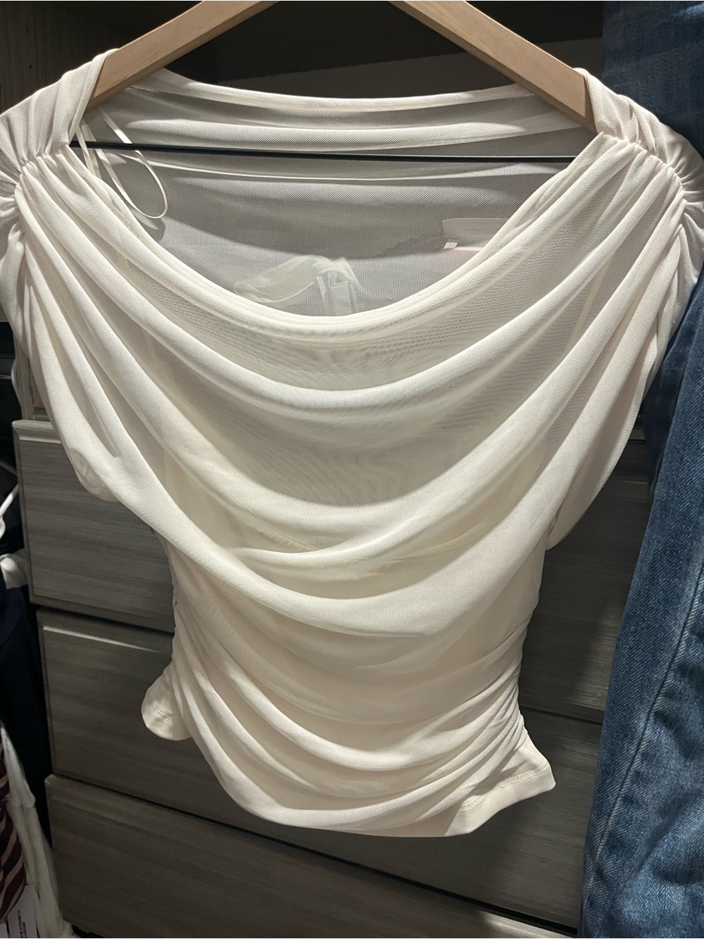 Women's Ivory Draped sheer off shoulder or not top